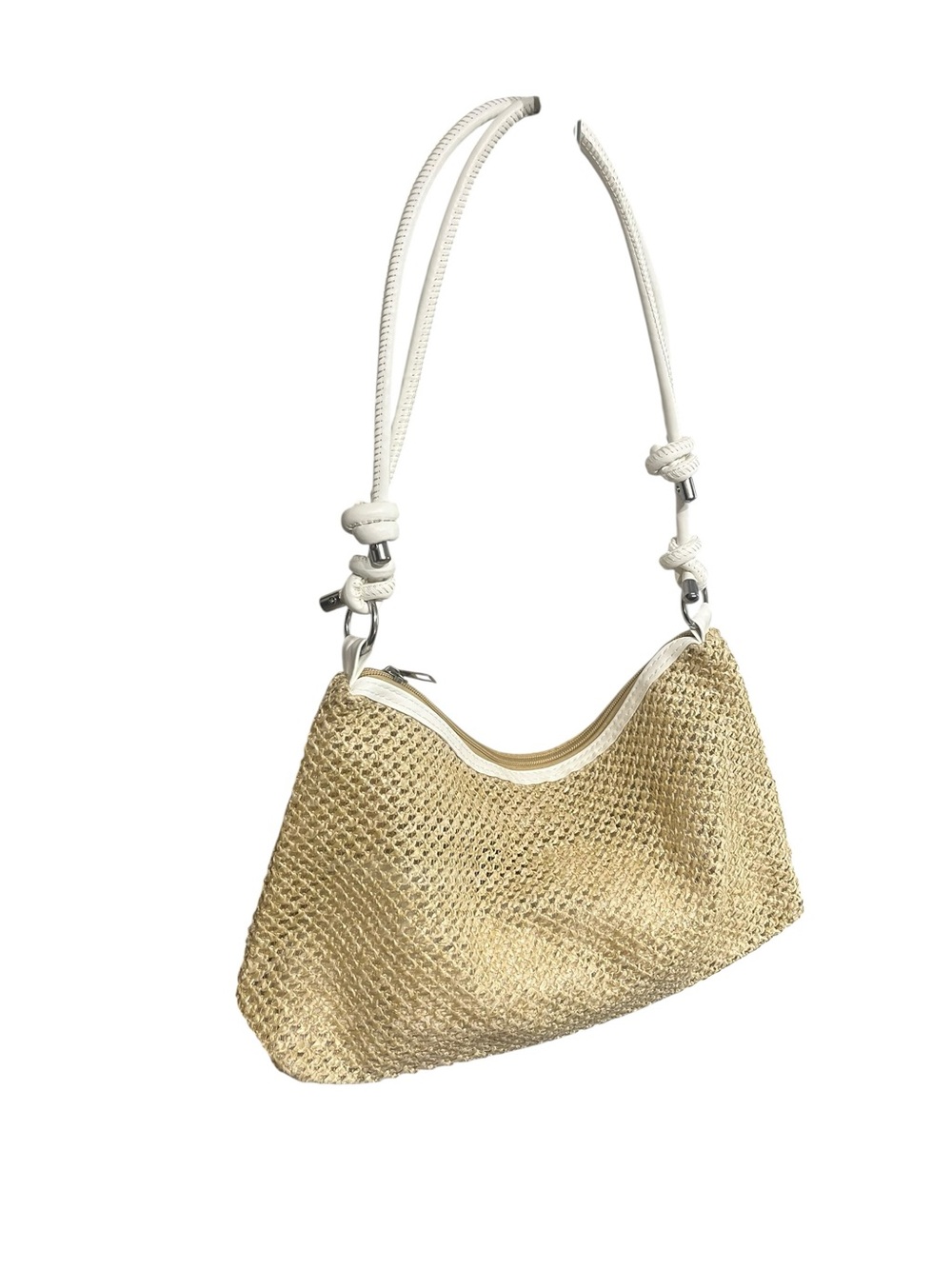 Woven Hand Bag w/Faux White Leather Straps - Picture 2 of 10